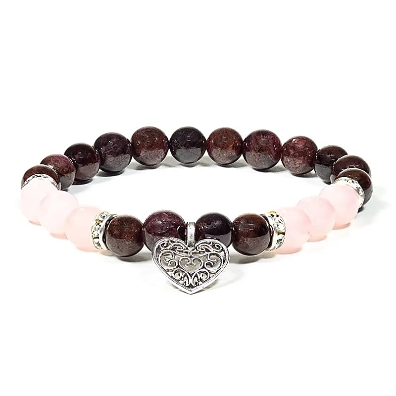 Armband - Granat und Rosenquarz + Herz, elastisch