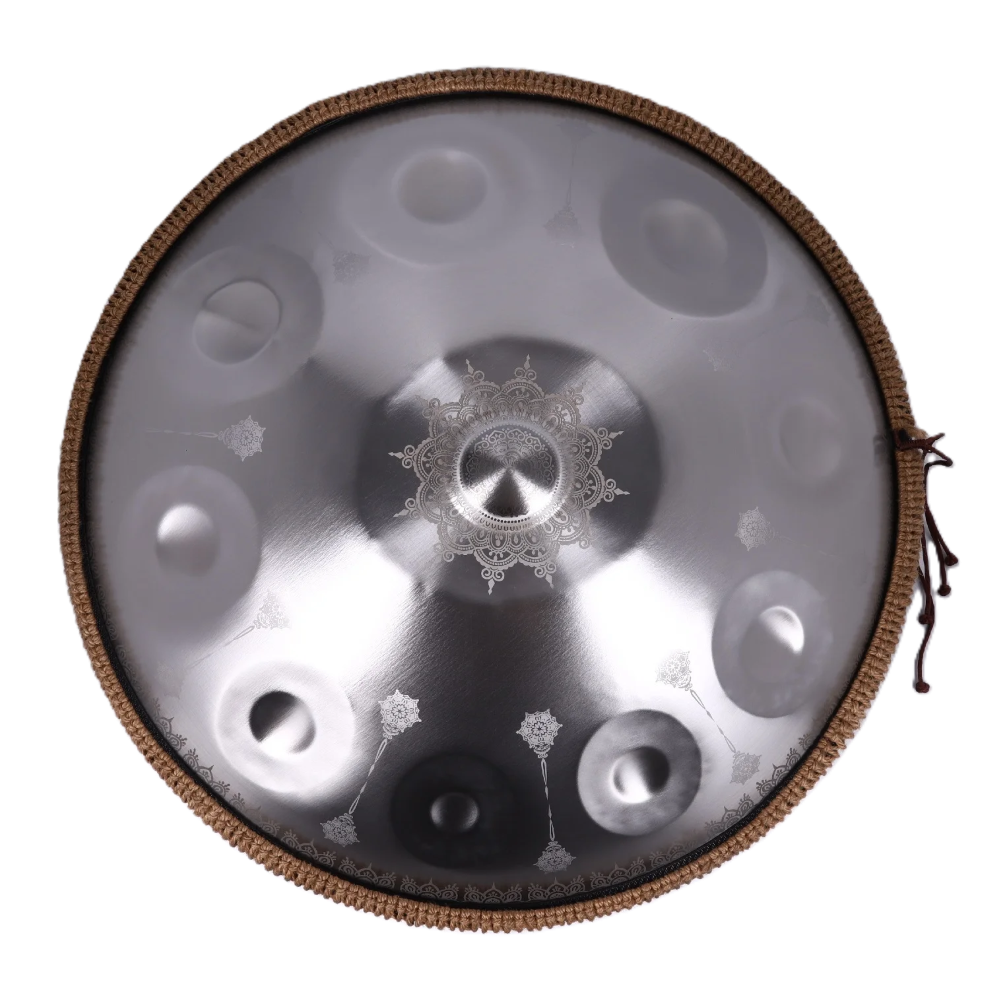 Authentisches Handpan Mandala D-Moll 432 Hz 10 Töne 56 cm Silber
