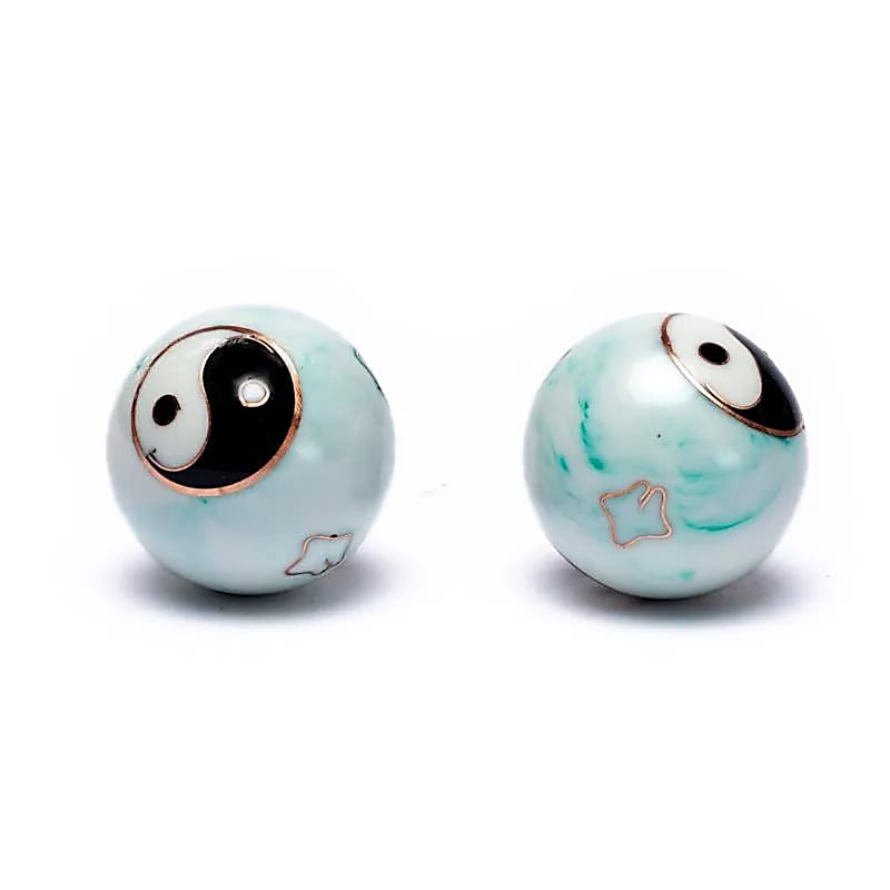 Baoding Kugeln - Chinesische Meditationsbälle - Yin Yang Tai Chi Weiß/Grün Marmoriert - 3,5cm