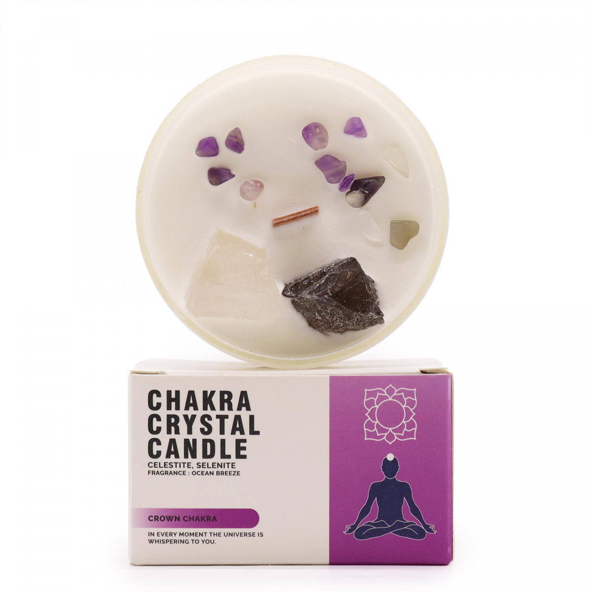 Chakra-Kerze mit Steinen - Kronenchakra