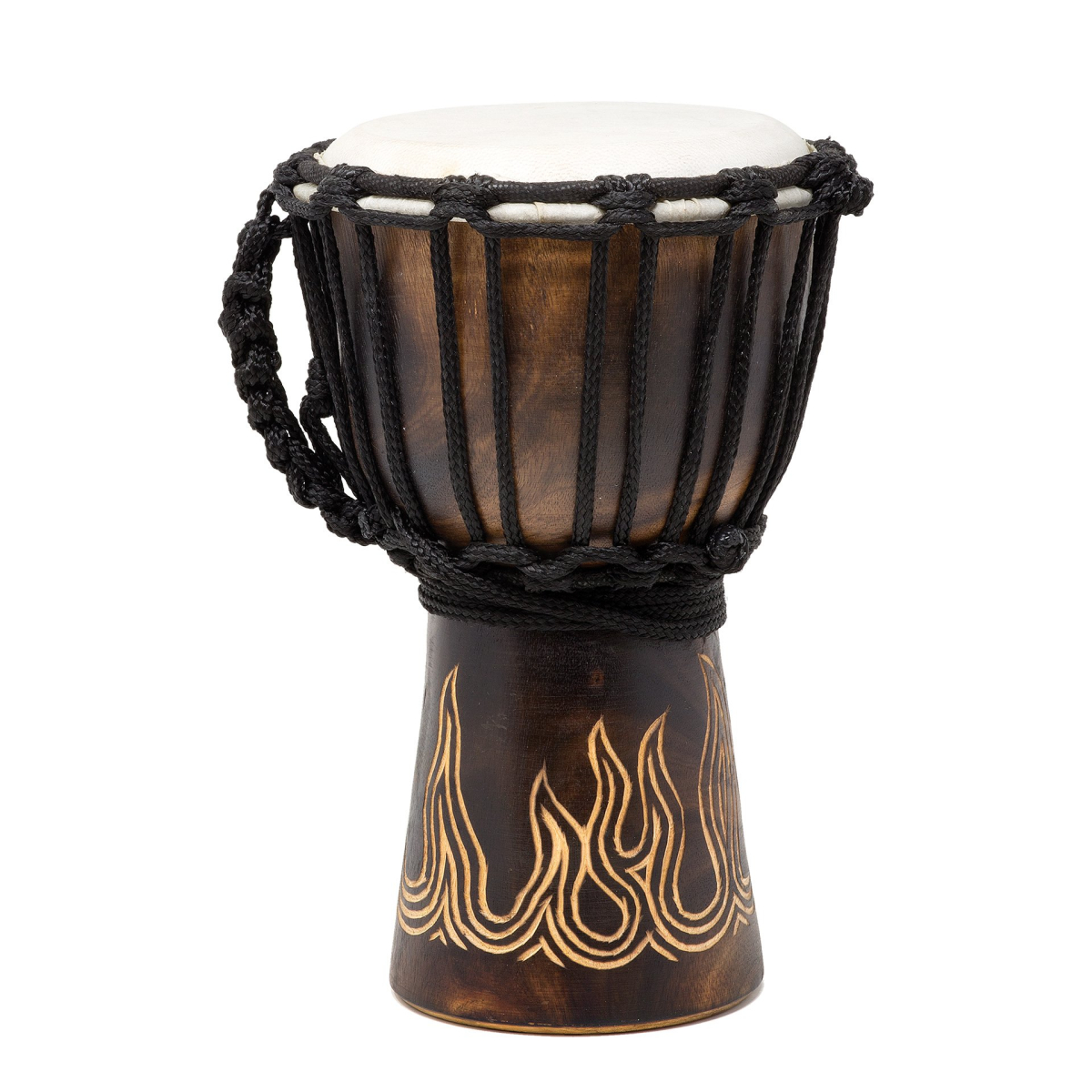Djembe mit Flammen-Schnitzerei - Mahagoni 25cm