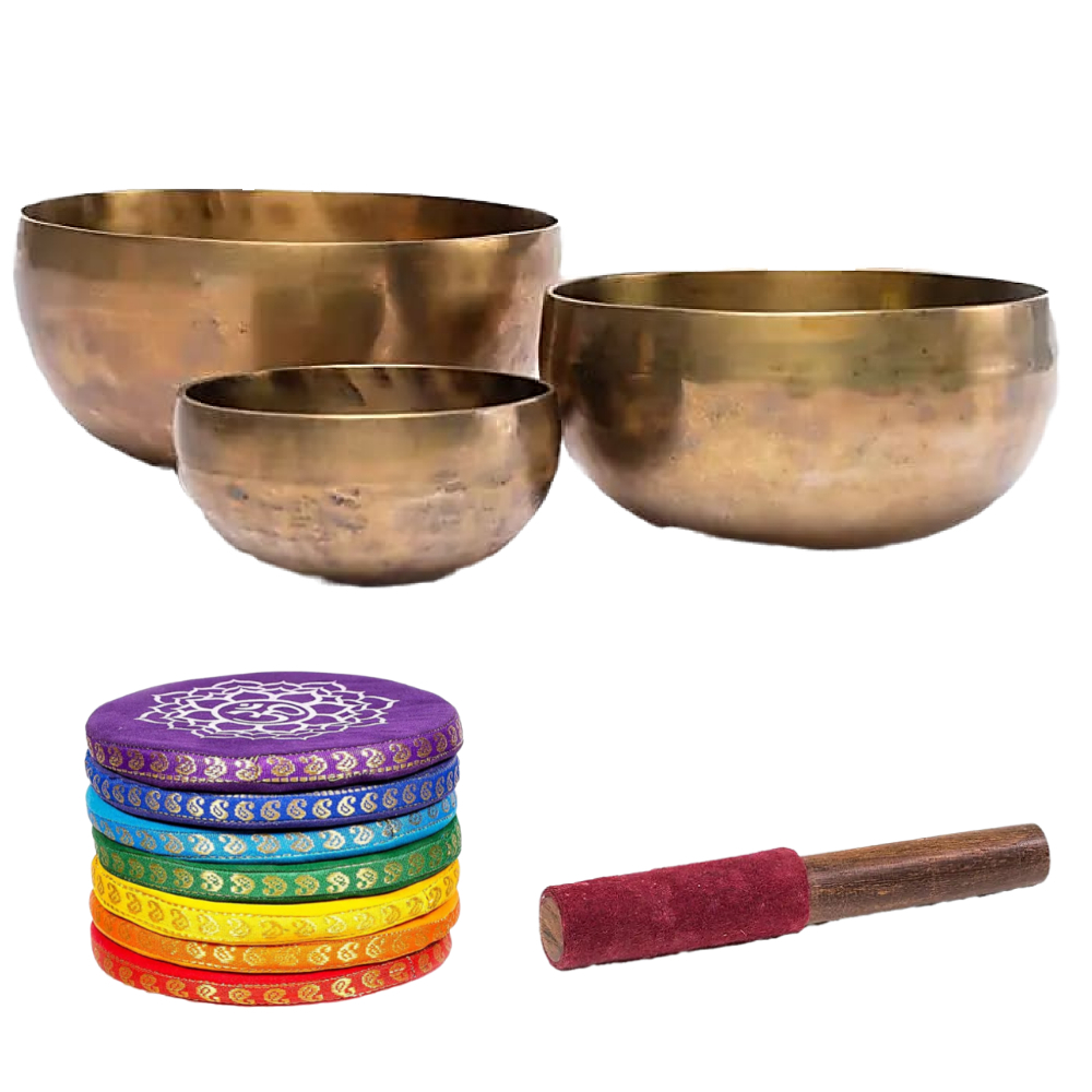 Handgehämmerte tibetische Klangschale 300-400g mit Schlägel und Unterlage 11cm
