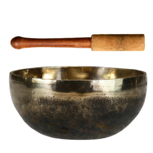 Handgehämmerte tibetische Sing-Schale 250-300 g mit Schlägel und Unterlage aus Nepal