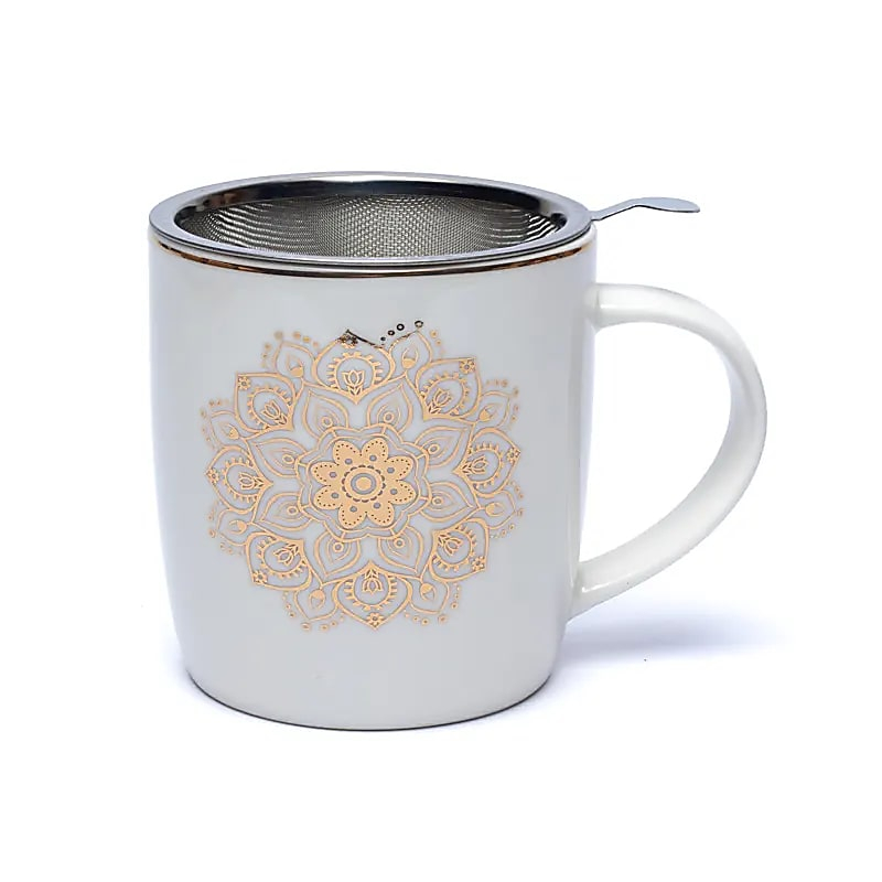 Keramiktasse mit Sieb - Mandala (weiß), 400 ml