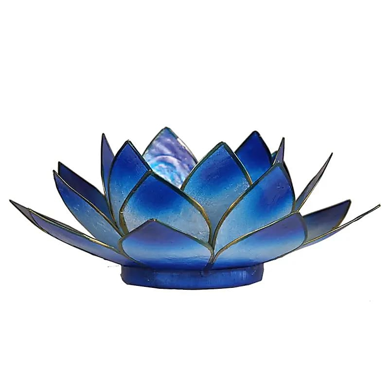 Lotus-Kerzenhalter aus Capiz-Muscheln - blau, goldener Rand