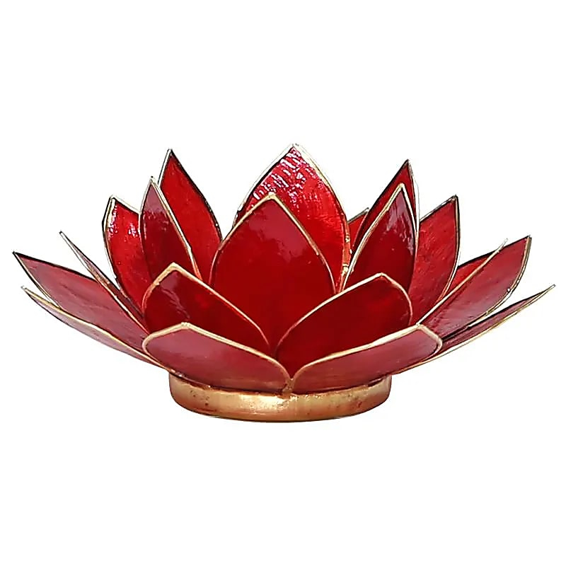 Lotus Kerzenhalter aus Capiz-Muscheln - Chakra 1 (rot), goldener Rand