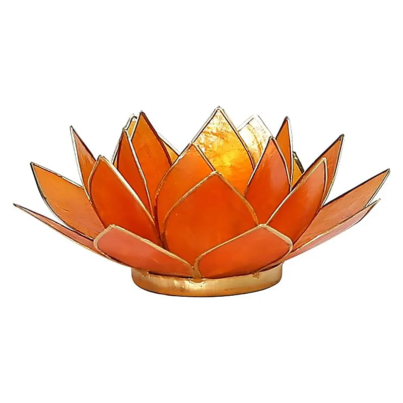 Lotus-Kerzenhalter aus Capiz-Muscheln - Chakra 2 (orange), goldene Kante