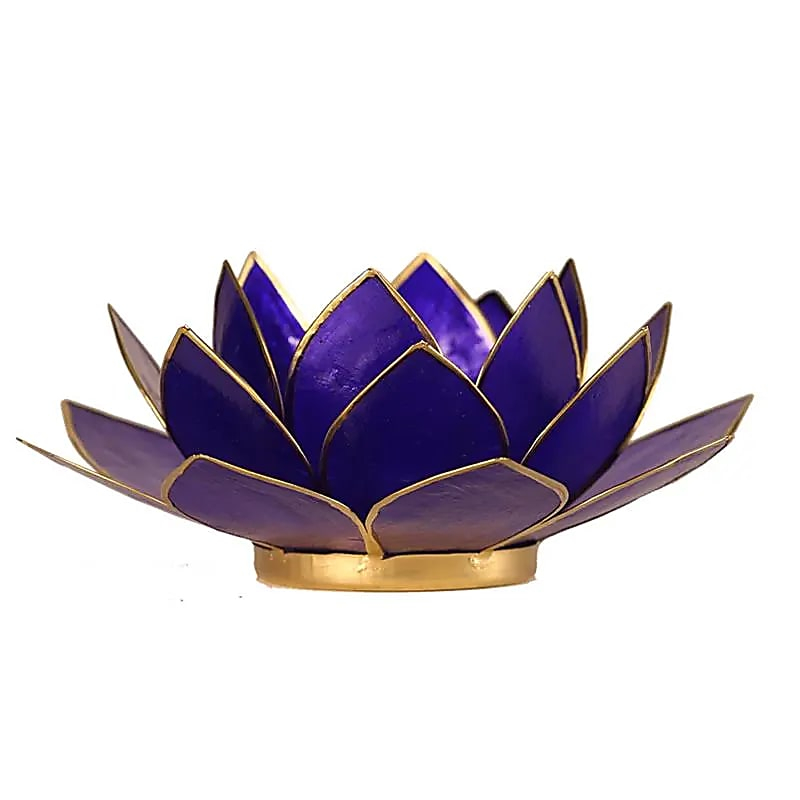 Lotus-Kerzenhalter aus Capiz-Muscheln – Chakra 6 (dunkelblau), goldene Einfassung