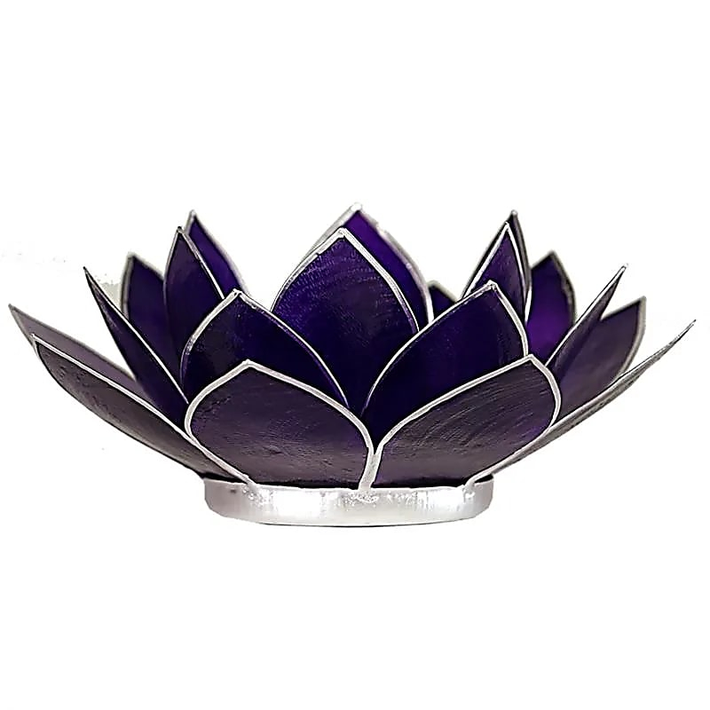 Lotus Kerzenhalter aus Capiz-Muscheln - Chakra 7 (violett), silberner Rand