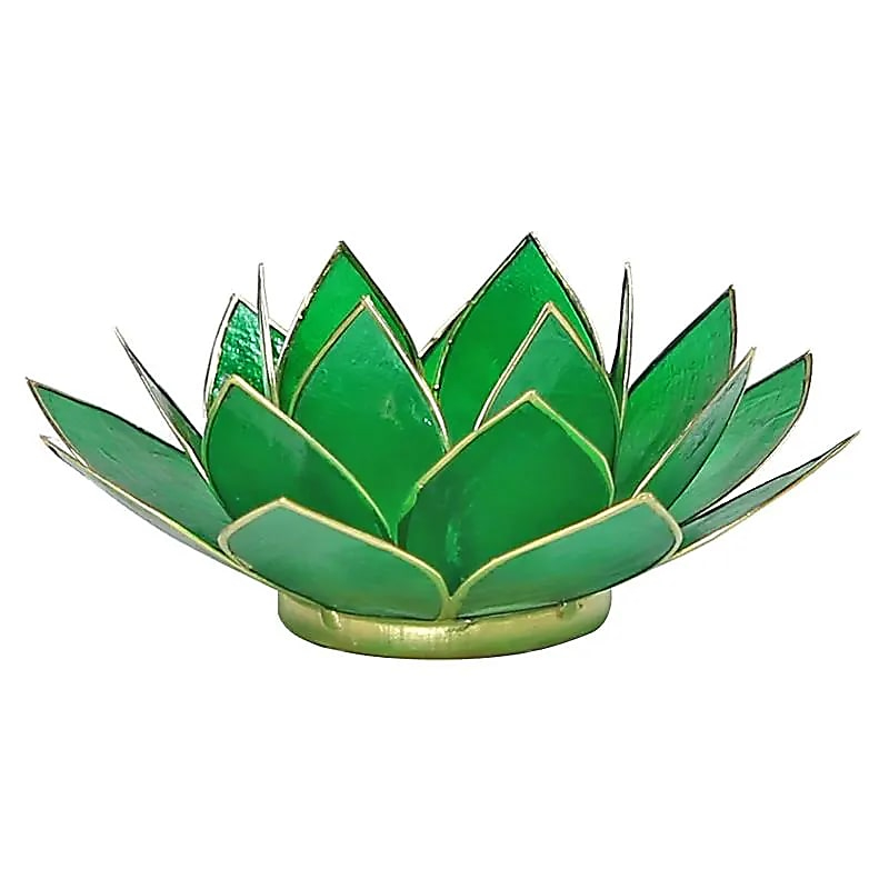 Lotus-Teelichthalter aus Capiz-Muscheln - Chakra 4 (grün), goldene Kante