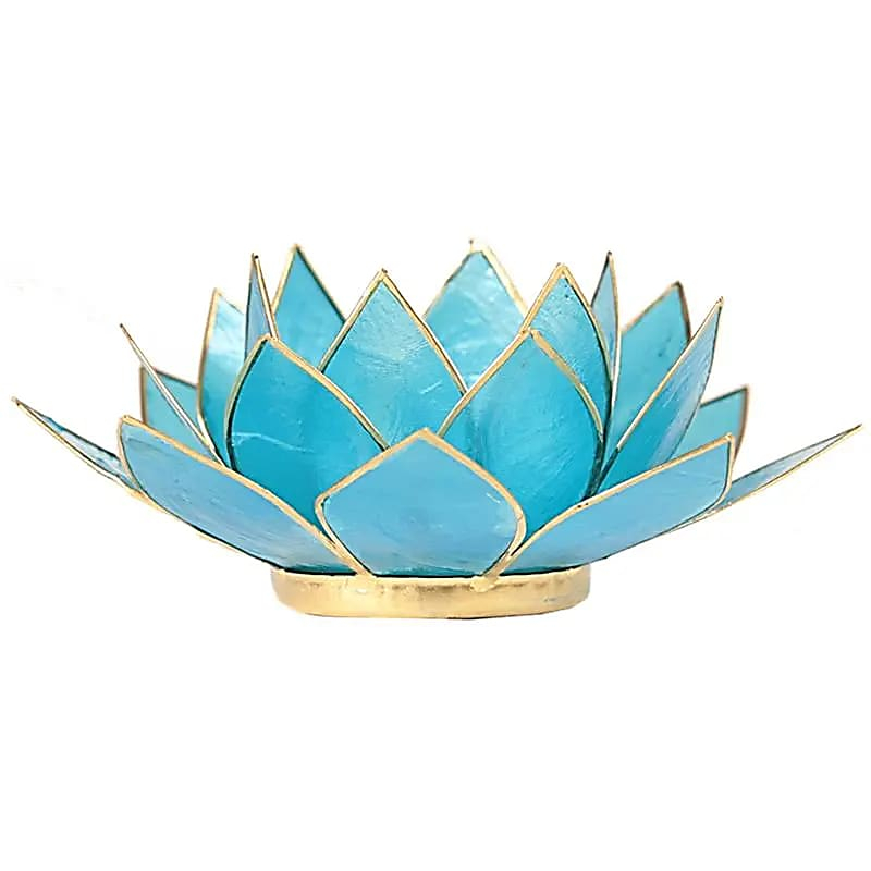 Lotuskerzenhalter aus Capiz Muscheln - Chakra 5 (blau), goldener Rand