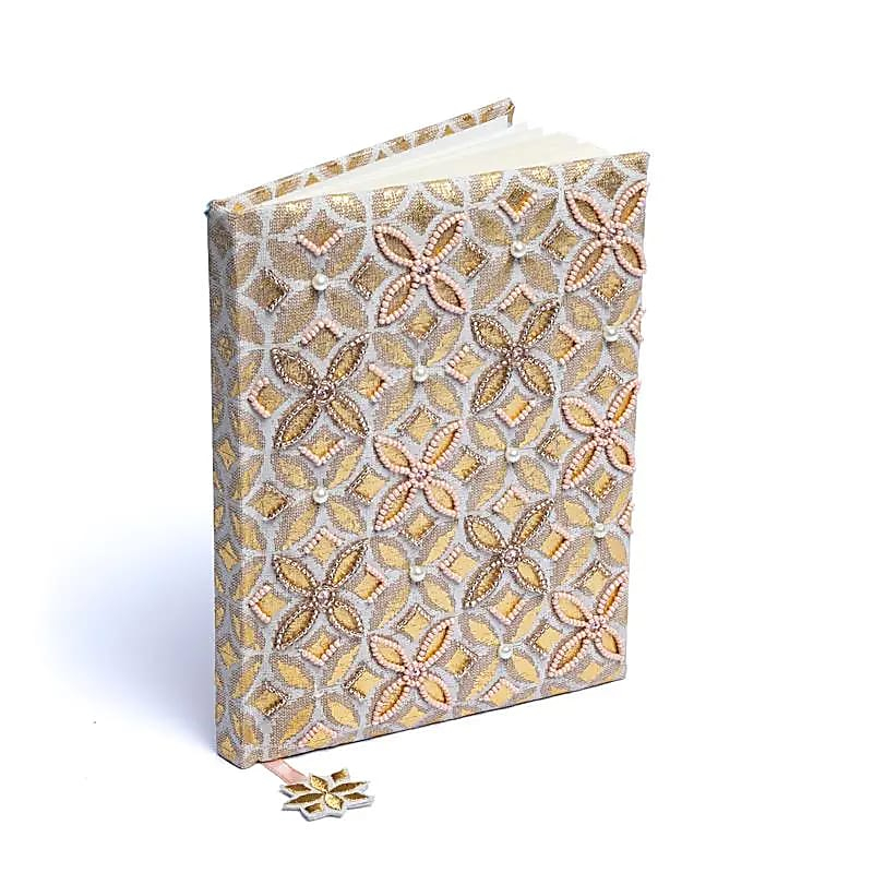 Samt Notizbuch - Beige-Gold mit Blume des Lebens (20 × 15 cm)