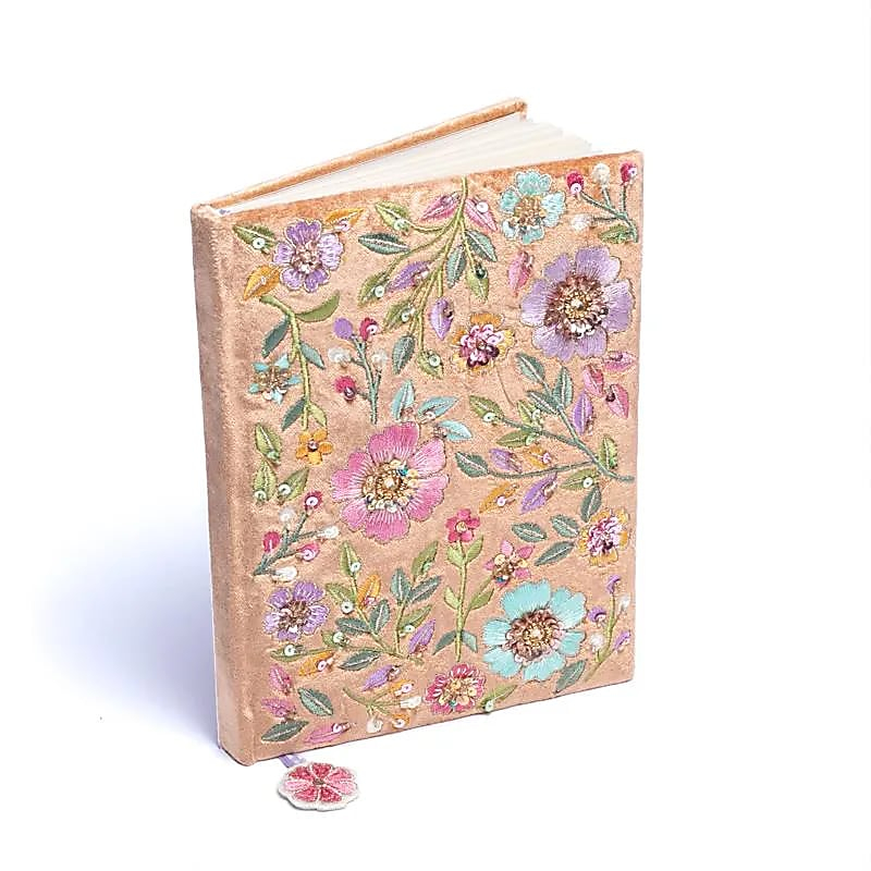 Samt Notizbuch - Beige mit Blumen (20 × 15 cm)