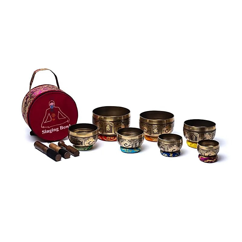 Set von 7 tibetischen Schalen Buddhas Augen + Tasche, 4475 g