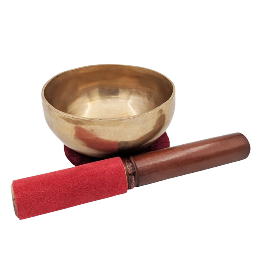 Tibetanische handgehämmerte Sing-Schale 300-375g, 10-10.5cm mit Schlägel und Unterlage, Mantrika