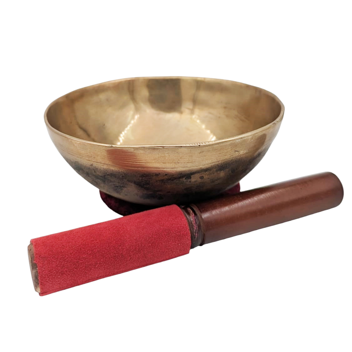 Tibetische handgehämmerte Sing-Schale 450-550g, 13-15cm mit Schlägel und Unterlage, Chandra